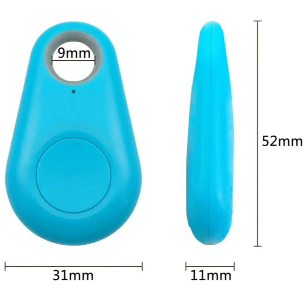 Traceur Bluetooth bleu, dimensions 52mm x 31mm x 11mm, avec trou de 9mm. Accessoire de localisation pour clés et objets personnels.