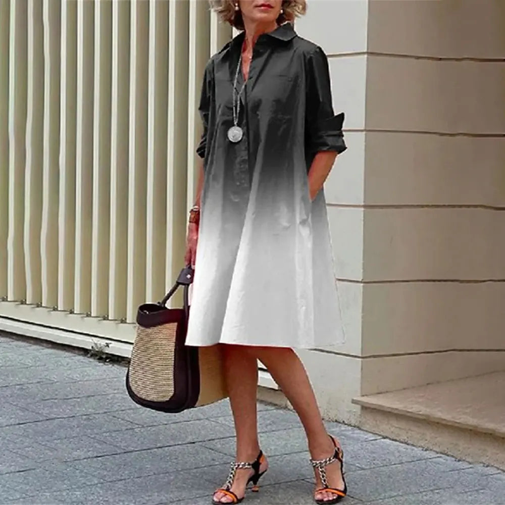 Vestido camisero de corte A para mujer, abotonado, manga larga, cuello clásico y largo hasta la rodilla.