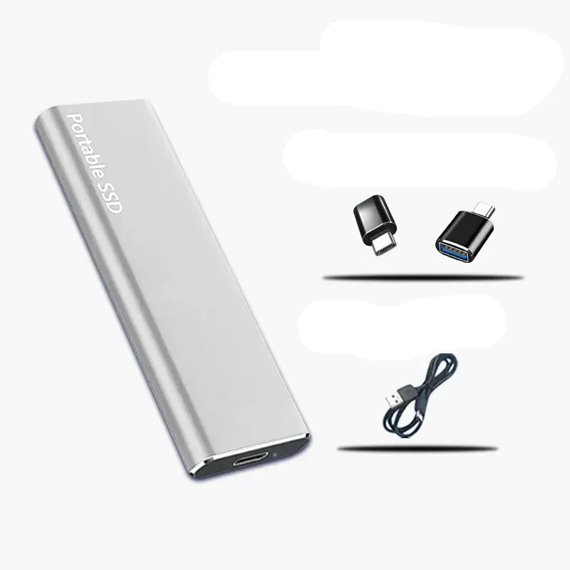 Disque SSD portable argenté avec adaptateurs USB-C et USB-A, câble USB inclus. Stockage externe compact et rapide pour PC et Mac.