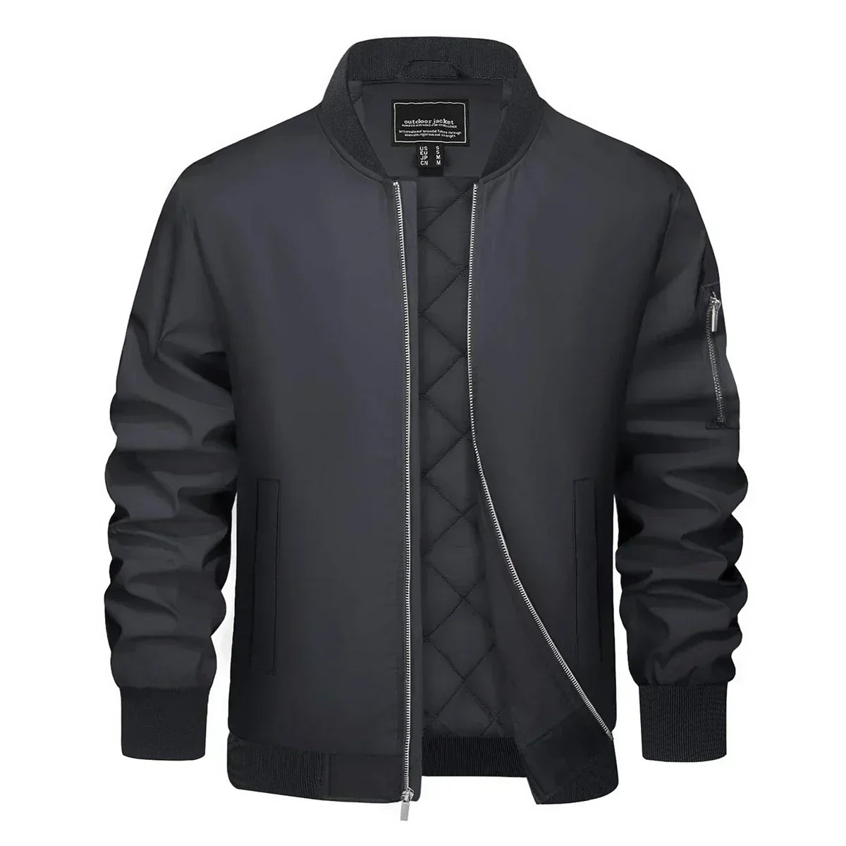 Blouson bomber noir pour homme, fermeture éclair argentée, manches longues, col et poignets côtelés, style moderne et élégant.