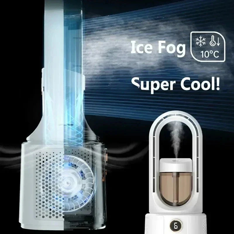 Purificateur d'air moderne avec fonction de brouillard glacé, affichage de température à 10°C, design élégant, idéal pour refroidissement et purification.