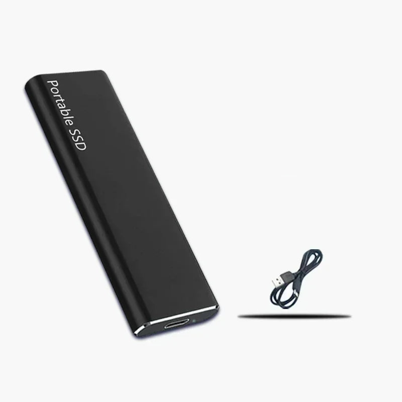Disque SSD portable noir avec câble USB, stockage externe compact et rapide, idéal pour sauvegarde de données et transfert rapide, technologie moderne.