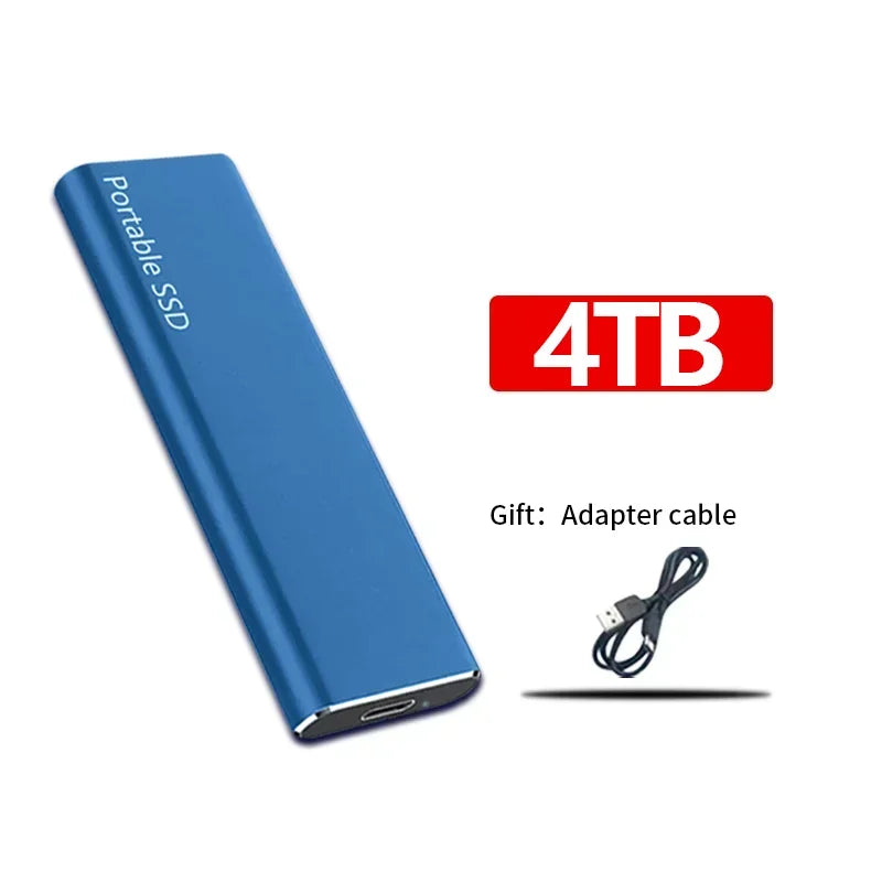 Disque SSD portable bleu 4 To avec câble adaptateur USB inclus. Stockage externe haute capacité, compact et rapide pour données numériques.