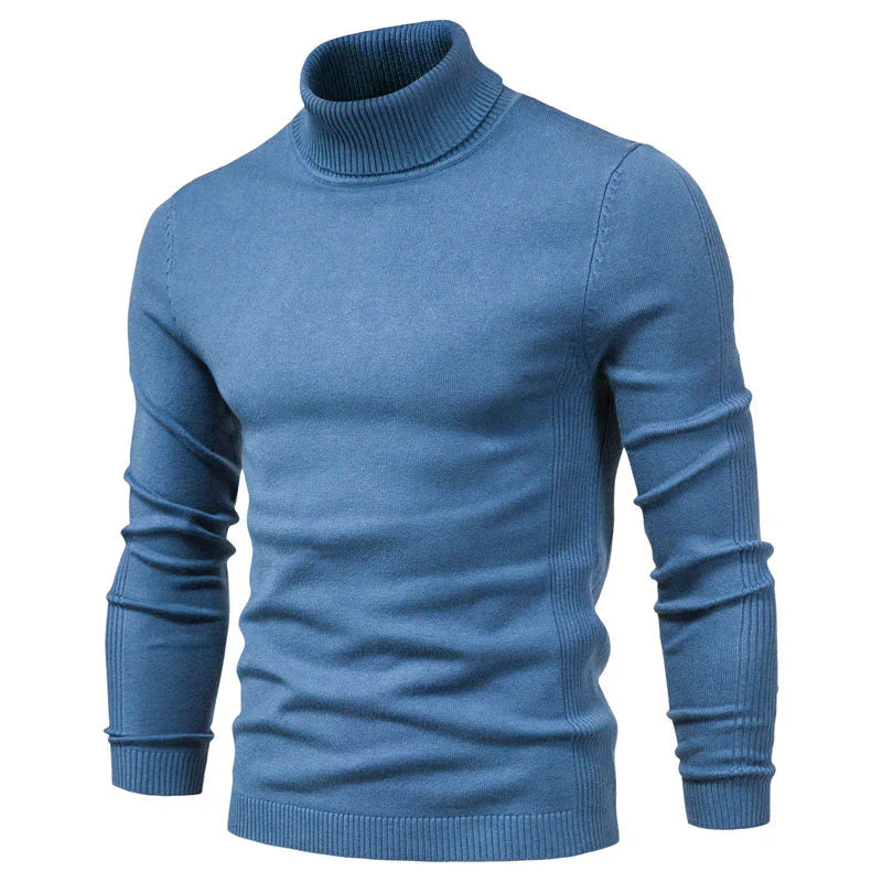 Pull col roulé bleu pour homme, manches longues, design élégant, tricoté, mode automne-hiver, vêtement chaud et confortable.