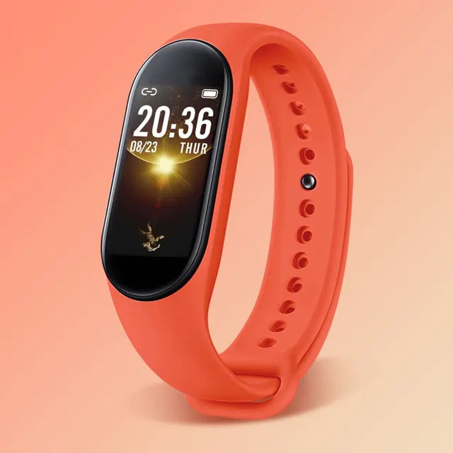Bracelet connecté rouge avec écran numérique affichant l'heure et la date, design moderne, idéal pour le suivi d'activité et notifications.