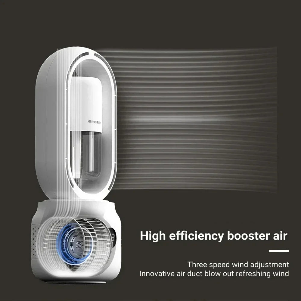 Ventilateur sans pales blanc, design moderne, avec réglage à trois vitesses. Flux d'air innovant pour une ventilation efficace et rafraîchissante.