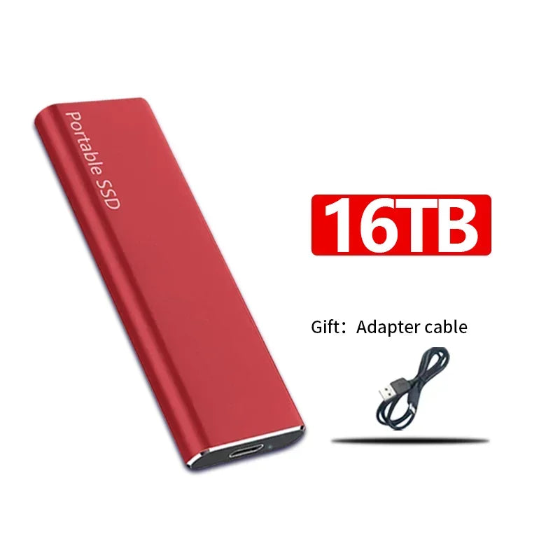 Disque SSD portable rouge 16TB avec câble adaptateur USB inclus. Stockage externe haute capacité, design compact et moderne.