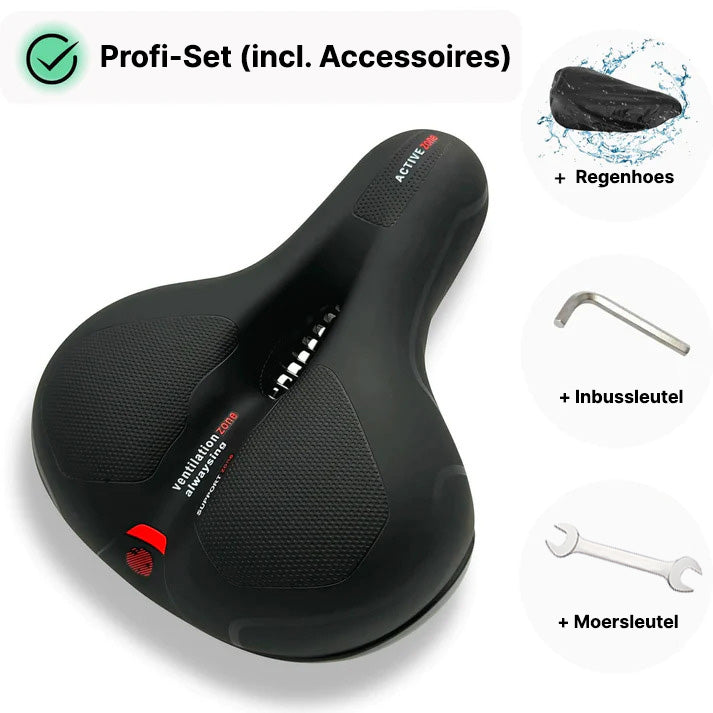 Selle de vélo ergonomique noire avec housse imperméable, clé Allen et clé à molette incluses. Confort optimal pour cyclisme.