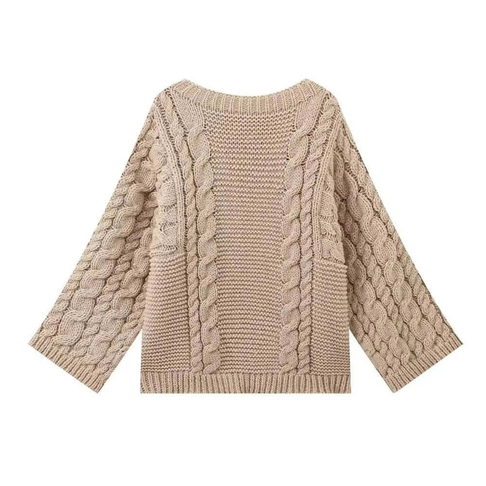 Pull en maille torsadée beige pour femme, manches longues, col rond, style décontracté, mode automne-hiver, vêtement chaud et confortable.