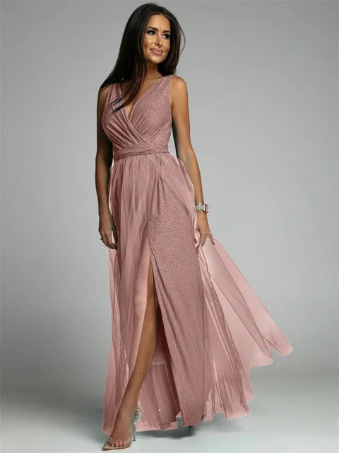 Elisa | Vestido de noche con detalles de malla y abertura alta