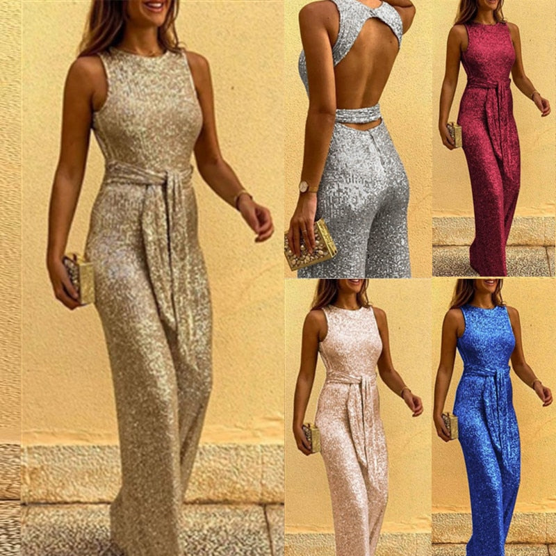 Robe longue pailletée élégante pour femme, disponible en or, argent, rouge, rose et bleu, avec ceinture et dos ouvert, idéale pour soirées glamour.