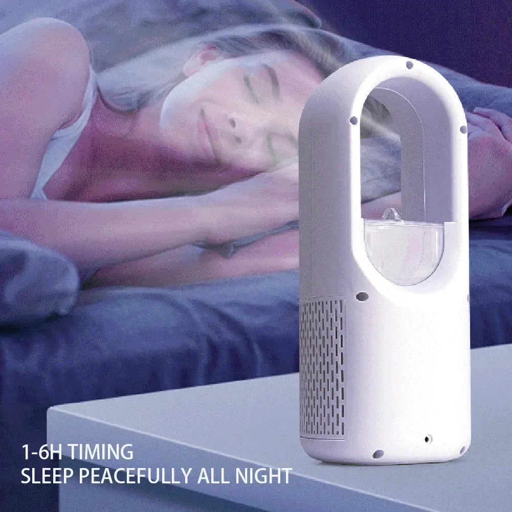 Purificateur d'air blanc sur table de chevet, femme dormant en arrière-plan. Minuterie 1-6h, sommeil paisible. Design moderne, intérieur chambre.