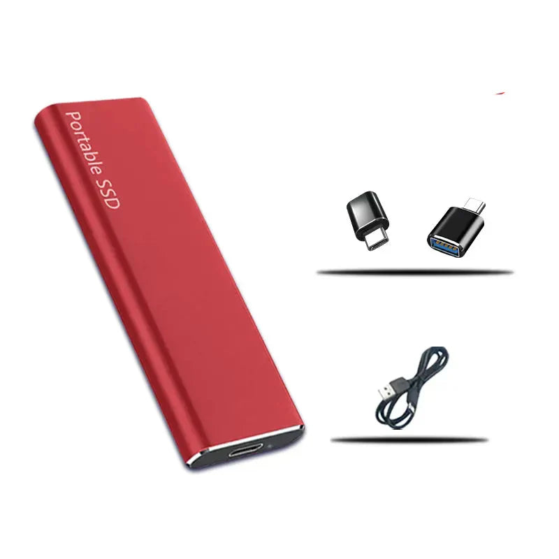 Disque SSD portable rouge avec connecteurs USB-C et USB-A, câble USB inclus. Stockage externe rapide et compact pour PC et Mac.