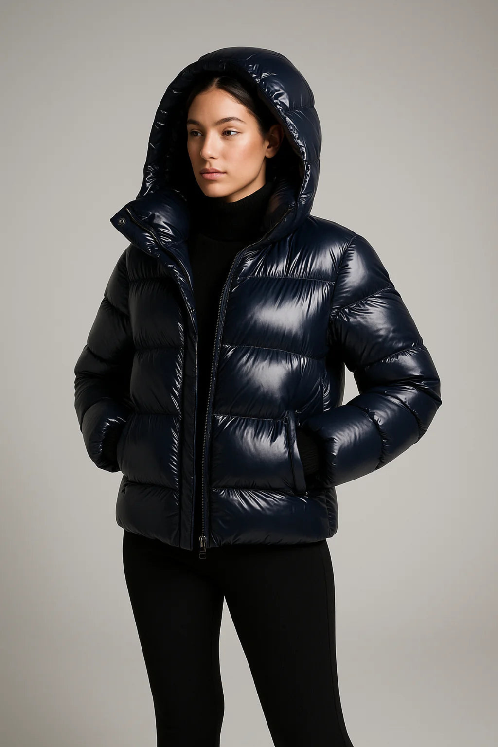 Femme portant une doudoune noire brillante avec capuche, style hiver, mode féminine, vêtement chaud, tendance, sur fond gris.
