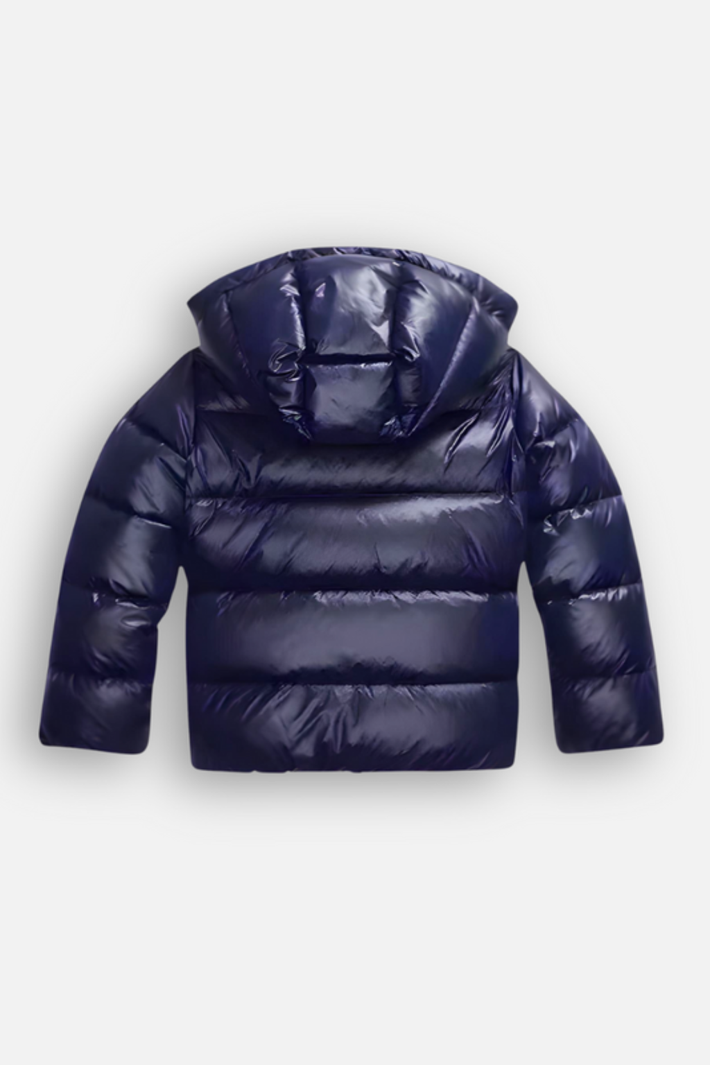 Doudoune bleu marine à capuche, matelassée, manches longues, style hiver, isolante, idéale pour temps froid, mode homme et femme.