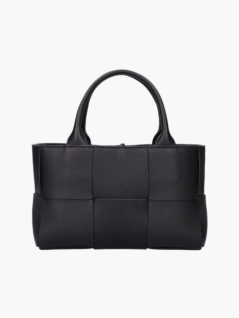 Sac à main noir en cuir tressé, design élégant et moderne, poignées doubles, idéal pour mode féminine, accessoire tendance et chic.