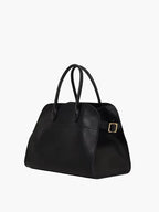 Sac à main noir en cuir élégant avec poignées doubles et boucle dorée, design moderne et minimaliste, accessoire mode femme tendance.