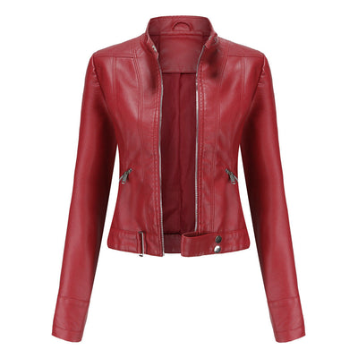 Veste en cuir pour femmes avec fermeture éclair, col montant et ceinture