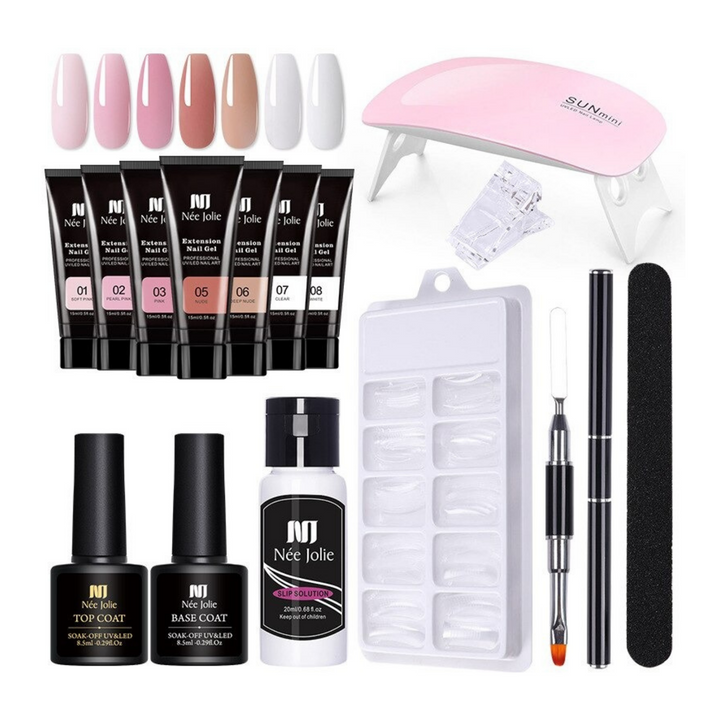 Kit manucure gel UV avec lampe LED, vernis semi-permanent, top coat, base coat, faux ongles, lime, pinceau et outils. Idéal pour ongles professionnels.