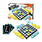 Jeu de société "Game Bounce" avec plateau à trous, balles jaunes et bleues, cartes de jeu. Jeu d'adresse et stratégie pour enfants et adultes.