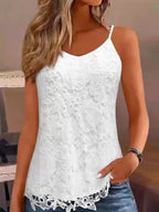 Débardeur en dentelle blanche pour femme, motif floral, bretelles fines, style élégant et décontracté, parfait pour l'été et les occasions spéciales.