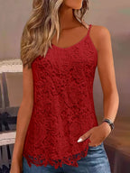 Débardeur en dentelle rouge pour femme, motif floral, bretelles fines, style élégant et décontracté, idéal pour l'été et les sorties.