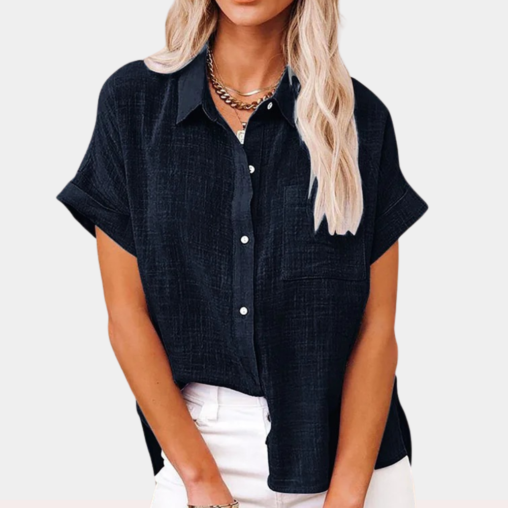 Camisa de lino con botones y bolsillo de parche para mujer