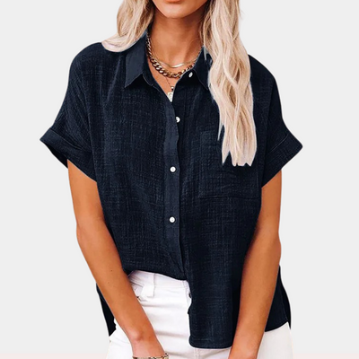 Camisa de lino con botones y bolsillo de parche para mujer