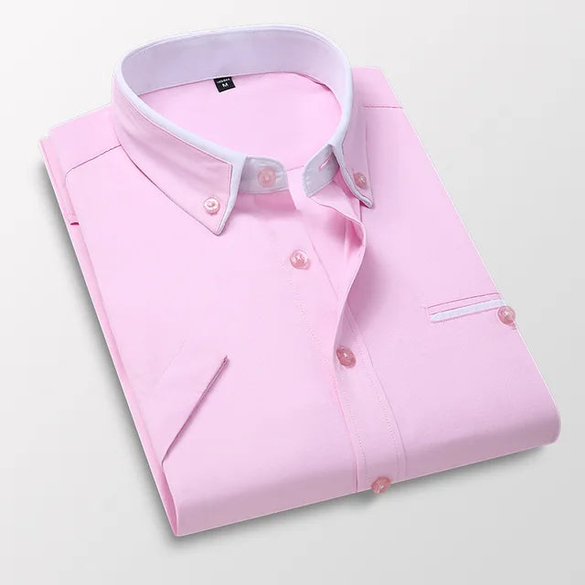 Chemise rose homme élégante, manches longues, col classique, boutons assortis, poche poitrine, style formel, tissu doux, mode masculine.