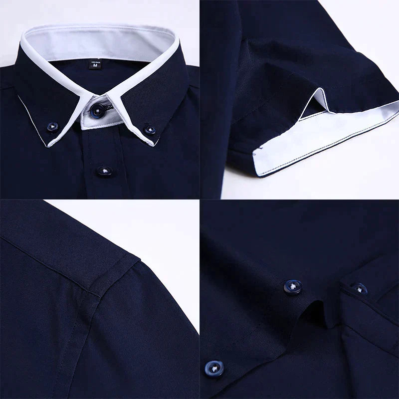 Chemise homme bleu marine à col blanc, boutons contrastés, manches longues, détails couture. Mode élégante, tenue formelle, style classique.