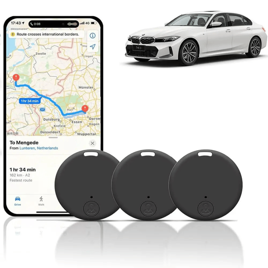 Smartphone affichant une carte GPS, voiture blanche BMW, trois traceurs GPS noirs ronds. Technologie de navigation, suivi de véhicule, innovation automobile.