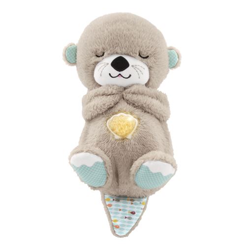 Peluche loutre grise Fisher-Price avec cœur lumineux, yeux fermés, oreilles et pieds bleus, idéale pour bébé, jouet apaisant et câlin.