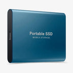 Disque SSD portable bleu, stockage mobile compact, connectique USB-C, design moderne, idéal pour sauvegarde rapide et transfert de données.