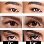Comparaison avant-après de cils avec mascara, montrant l'effet volumisant et allongeant. Yeux marron et gris, maquillage des cils.