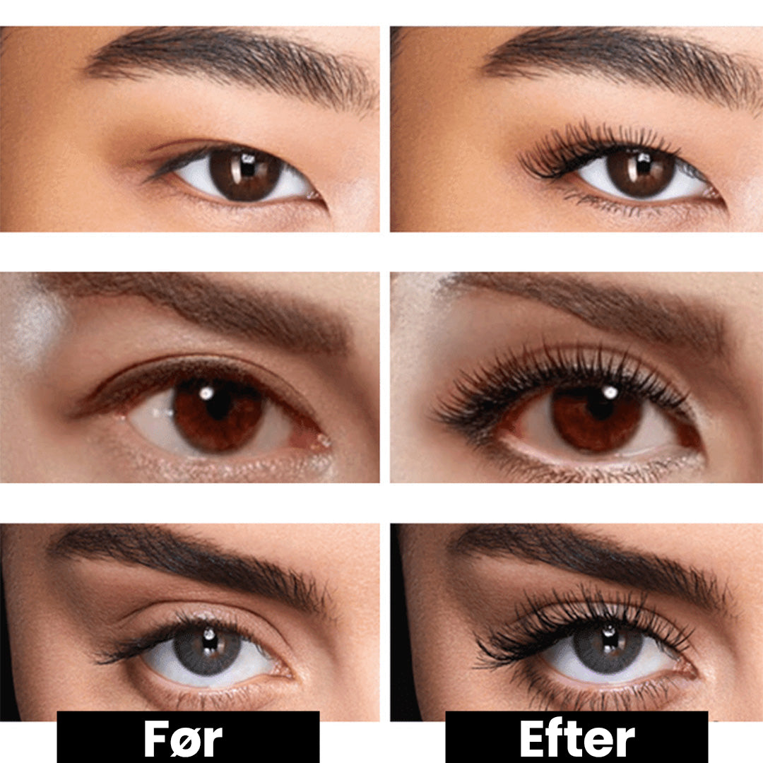 Comparaison avant-après de cils avec mascara, montrant l'effet volumisant et allongeant. Yeux marron et gris, maquillage des cils.