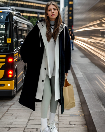 Jeune femme en manteau long noir et blanc, leggings gris, tenant un sac en papier, debout sur un trottoir urbain animé avec bus en arrière-plan.