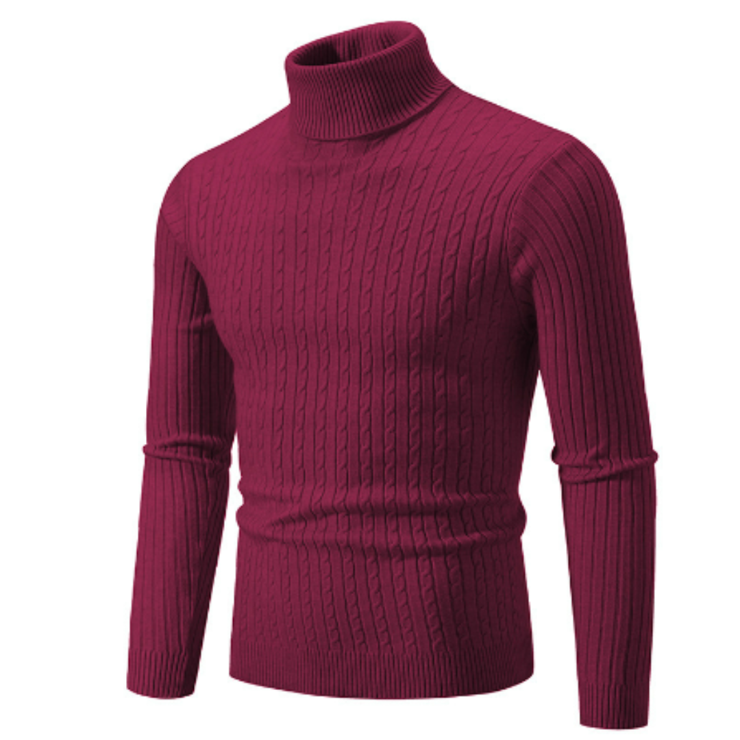 Pull col roulé bordeaux en maille torsadée, manches longues, style élégant et chaud, idéal pour l'hiver et la mode masculine.
