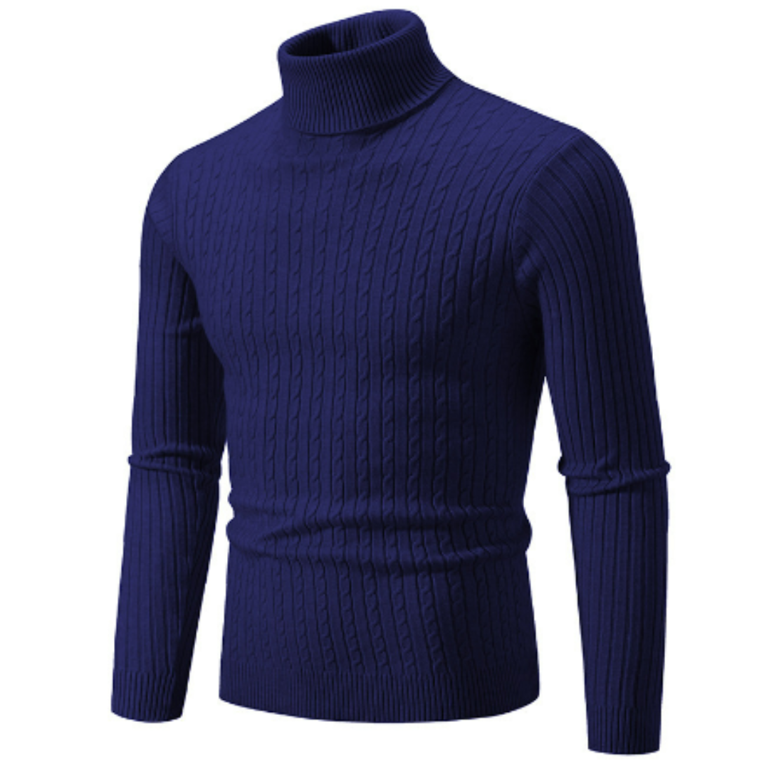 Pull-over col roulé bleu marine en maille torsadée, manches longues, style élégant et chaud, idéal pour l'hiver et la mode masculine.