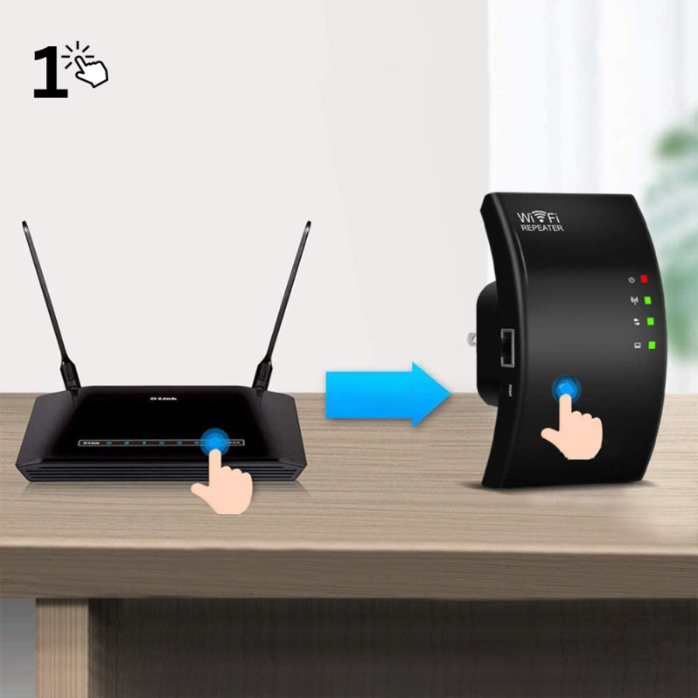 Routeur WiFi et répéteur sur une table, illustrant la connexion facile par bouton WPS. Optimisez votre réseau sans fil à domicile.