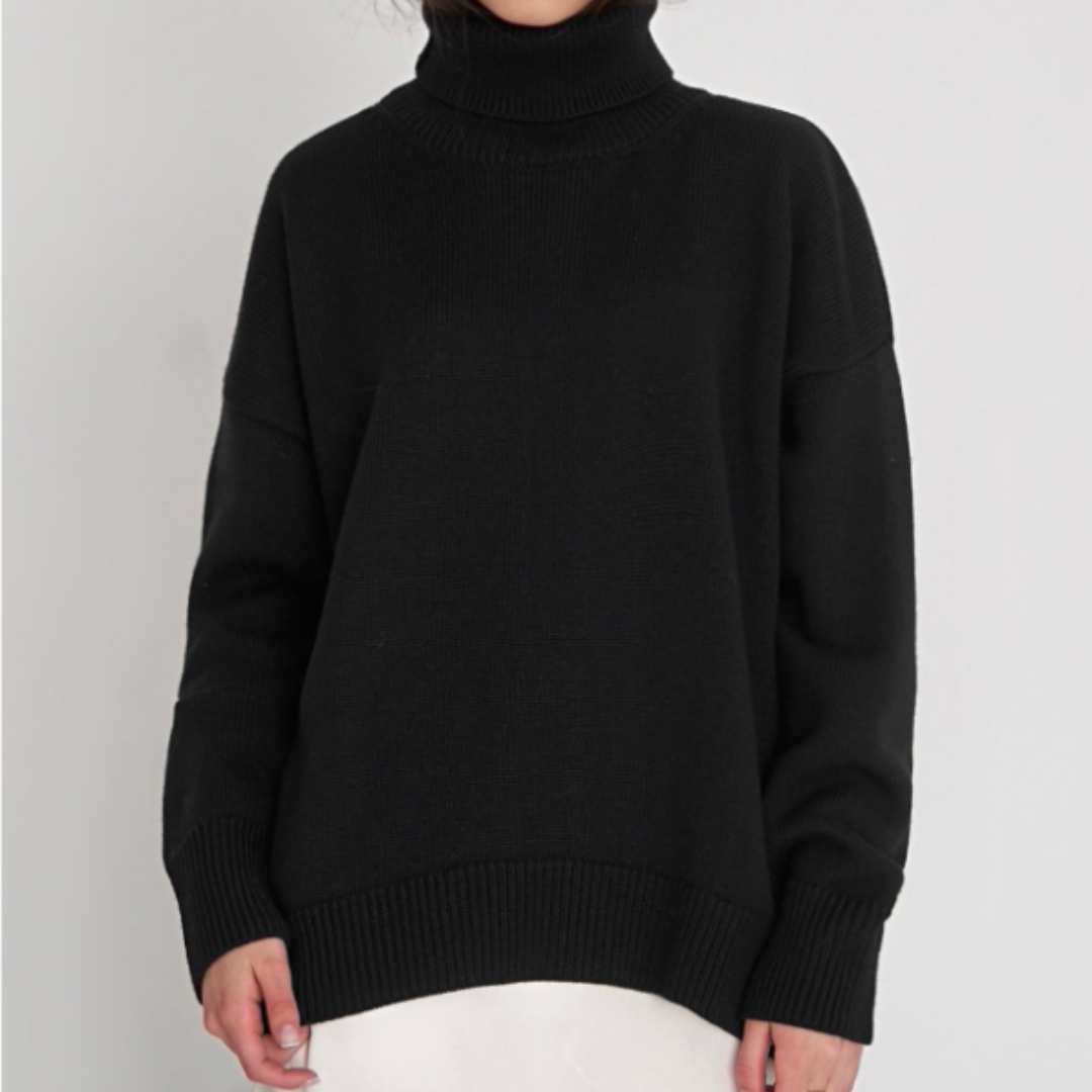 Pull noir à col roulé pour femme, manches longues, style décontracté, idéal pour l'automne et l'hiver, mode élégante et confortable.