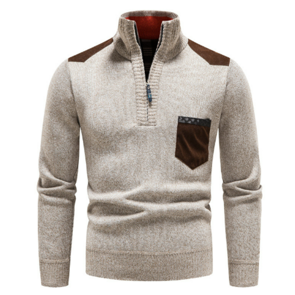 Pull en laine beige pour homme avec col zippé, poches et empiècements marron. Style élégant et chaud, idéal pour l'hiver. Mode masculine tendance.