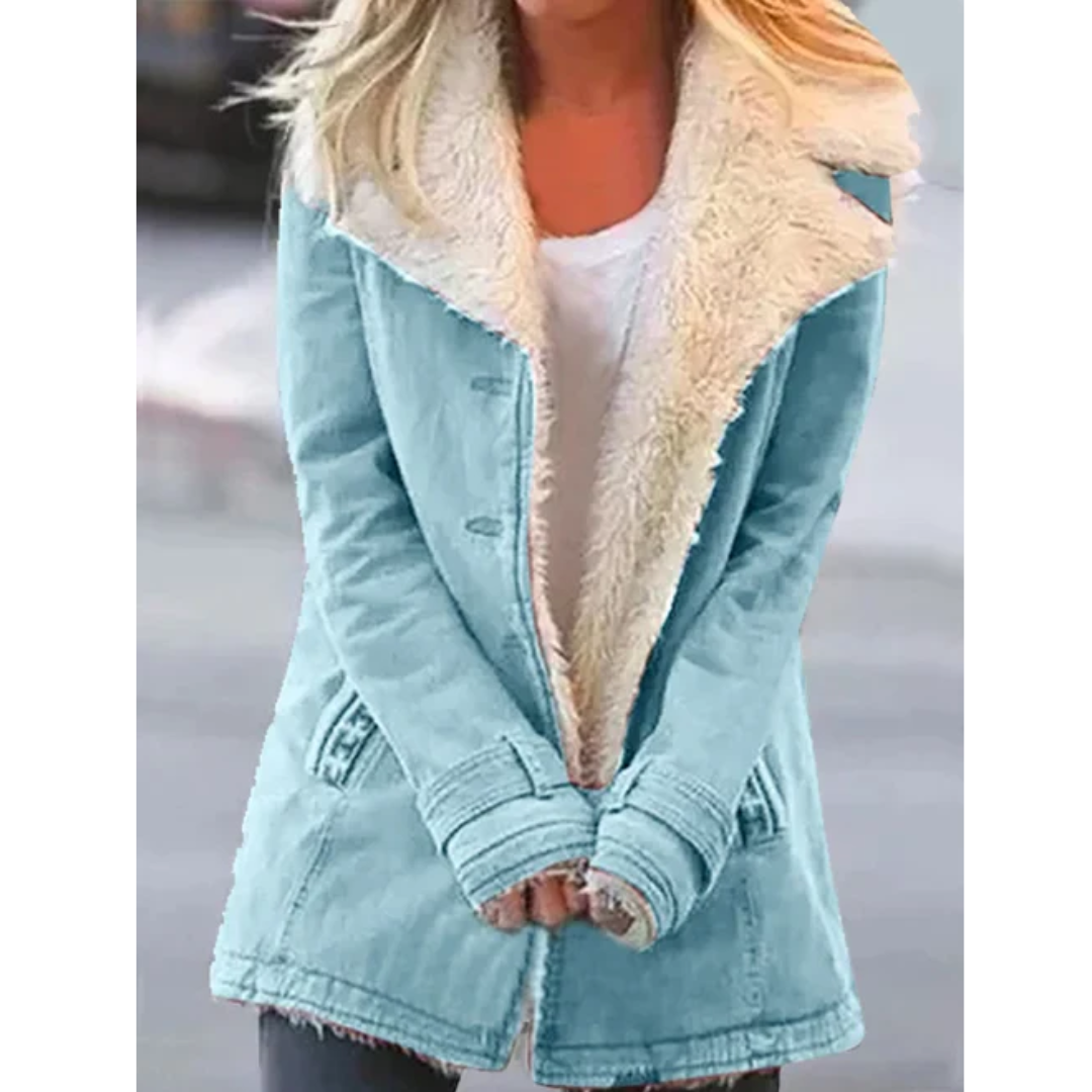 Veste en jean bleu clair avec doublure en fausse fourrure blanche, portée par une femme. Mode automne-hiver, style décontracté et tendance.