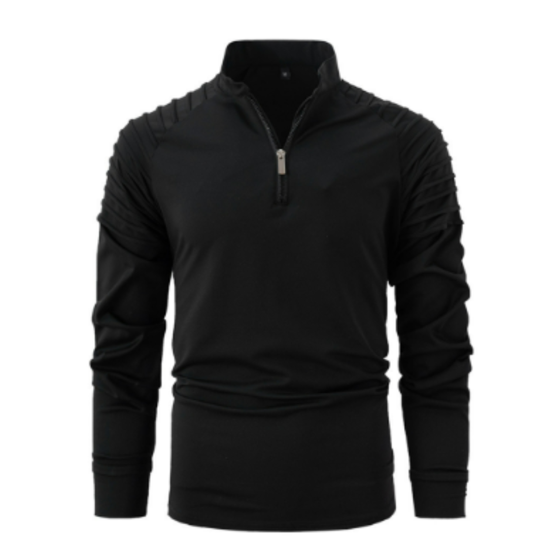Pull noir à manches longues avec fermeture éclair, design moderne et épaulettes texturées. Vêtement tendance pour homme, style décontracté et élégant.