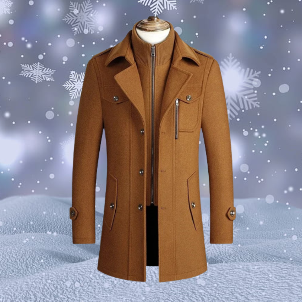 Manteau en laine marron pour homme avec col montant, boutons et poches, sur fond de flocons de neige. Mode hiver élégante et chaude.