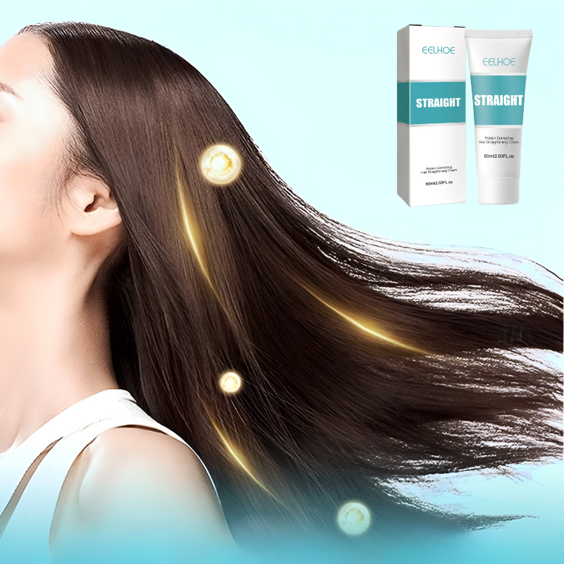 Femme aux cheveux lisses et brillants, produit de lissage capillaire Eelhoe en arrière-plan, effet soin et brillance, fond bleu clair.
