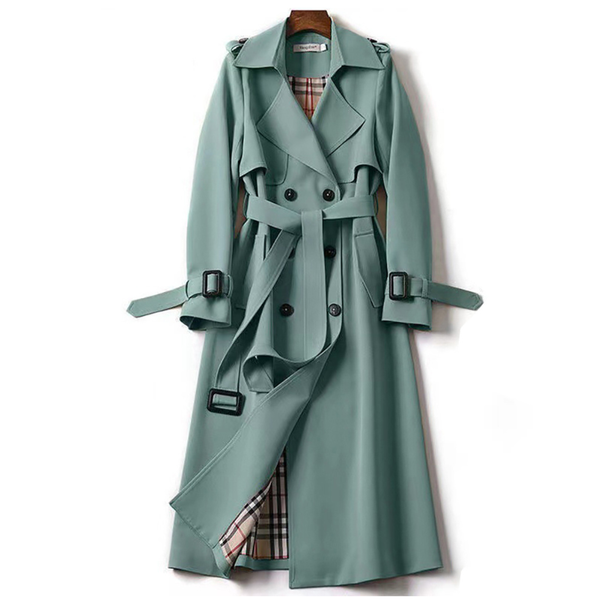 Manteau trench-coat vert menthe pour femme, ceinturé, avec doublure à carreaux, boutons noirs et épaulettes. Mode élégante et tendance automne.