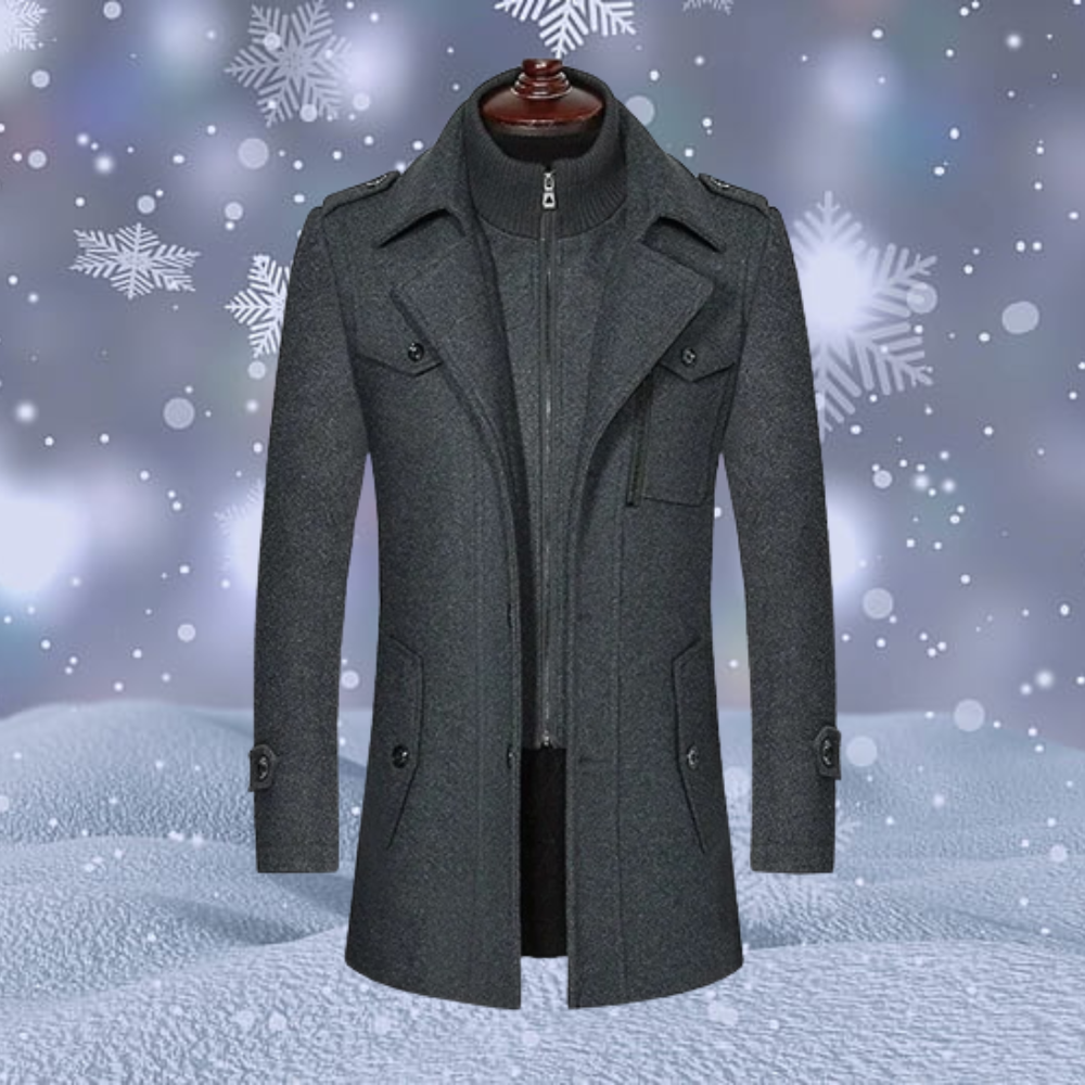 Manteau gris élégant pour homme sur fond de neige et flocons, mode hiver, vêtement chaud, style classique, tendance masculine.