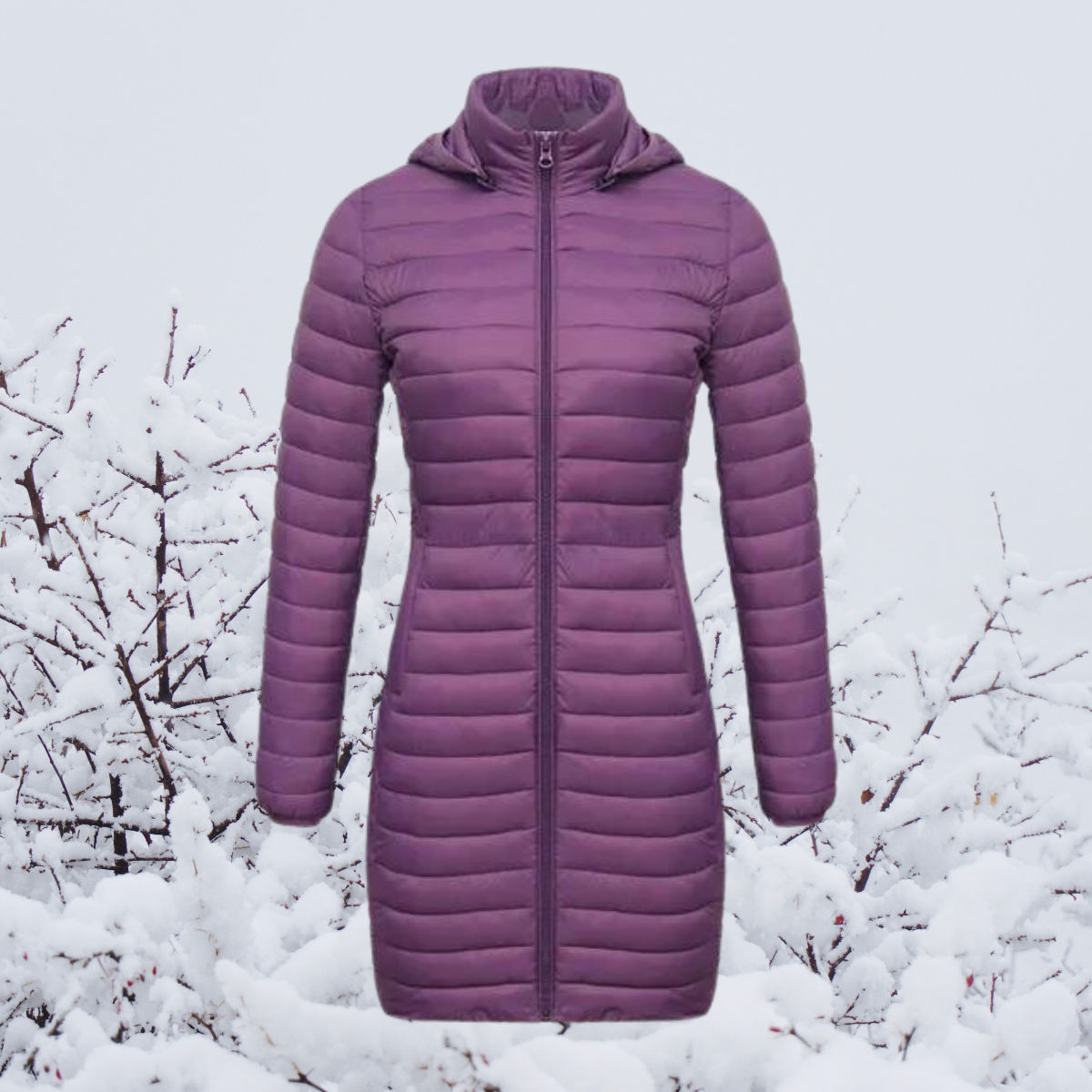 Doudoune longue violette pour femme sur fond de neige, idéale pour l'hiver. Veste matelassée avec capuche, style moderne et chaud.