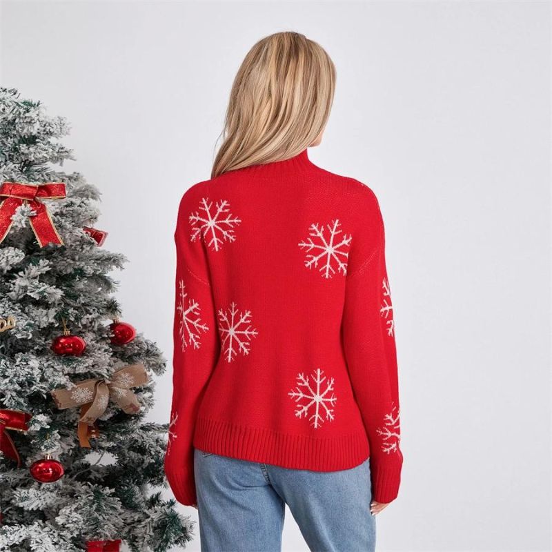 Rød striktrøje med snefnugsmønster til kvinder
