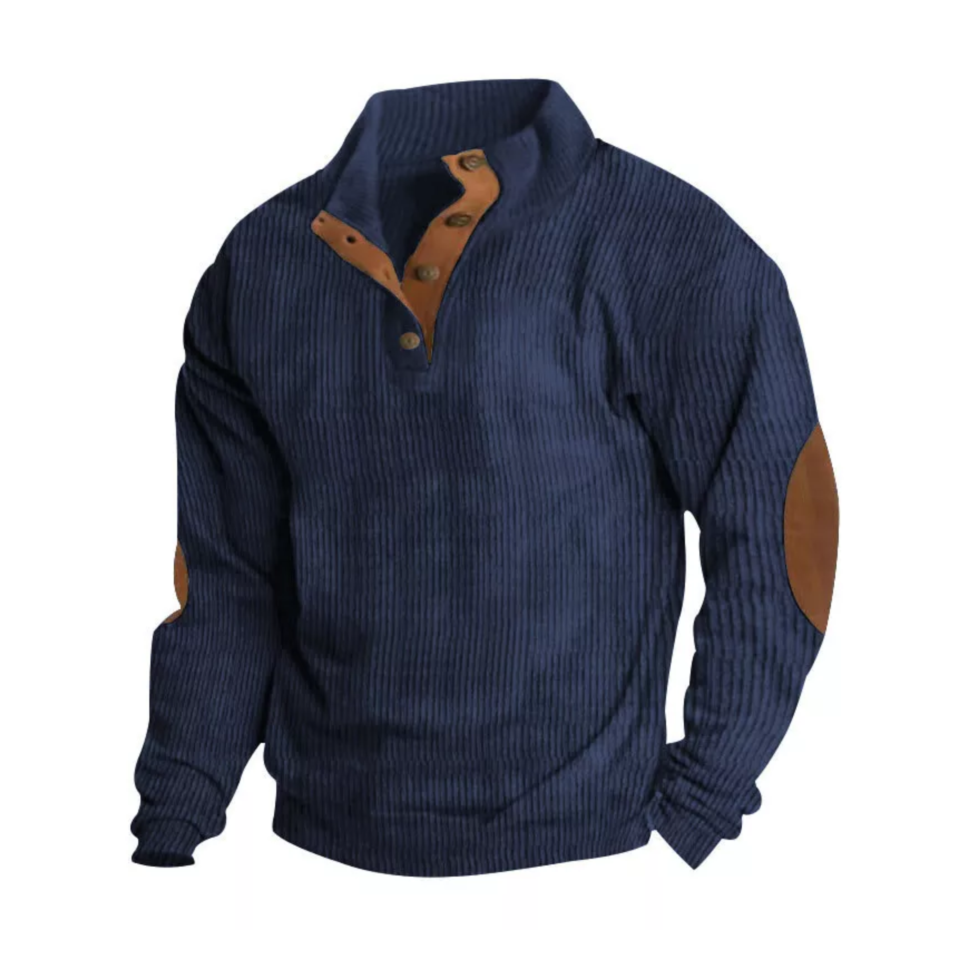 Pull en laine bleu marine avec col boutonné et coudières marron, style décontracté pour homme. Mode automne-hiver, vêtement chaud et élégant.